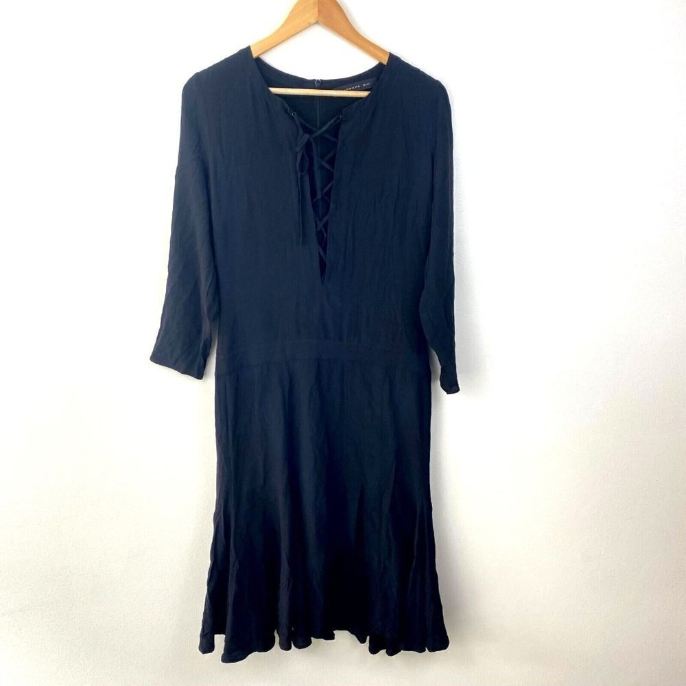 Barbara Bui 100% Silk Midi Dress Size 38 (US Size 6) Black Lace-Up Long Sleeve
